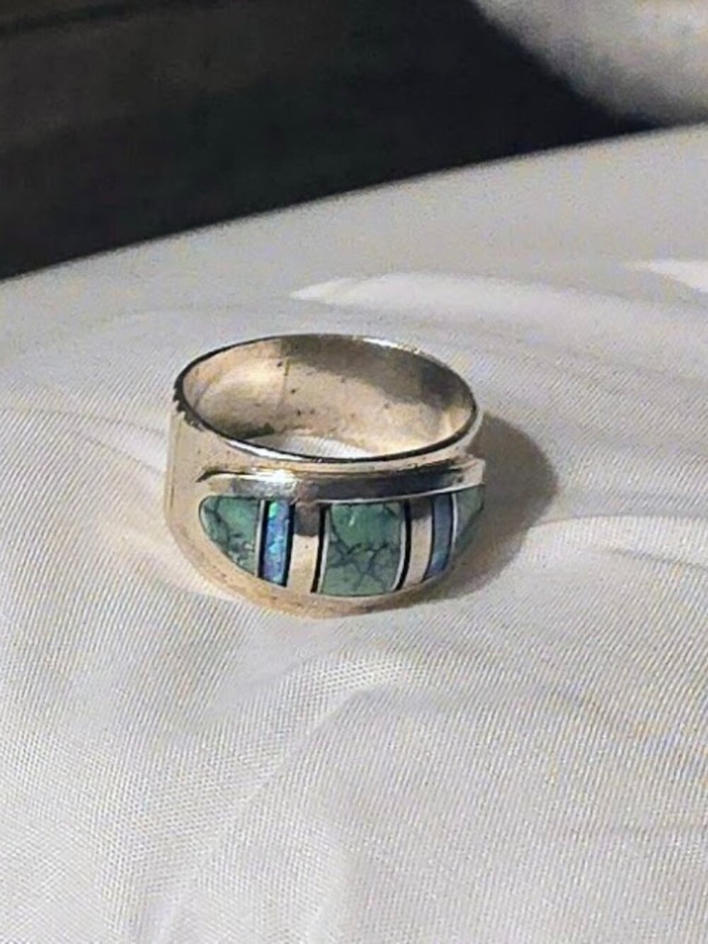 💎 ZUNI-STYLE STERLING SILVER & TURQUOISE INLAY STATEMENT RING